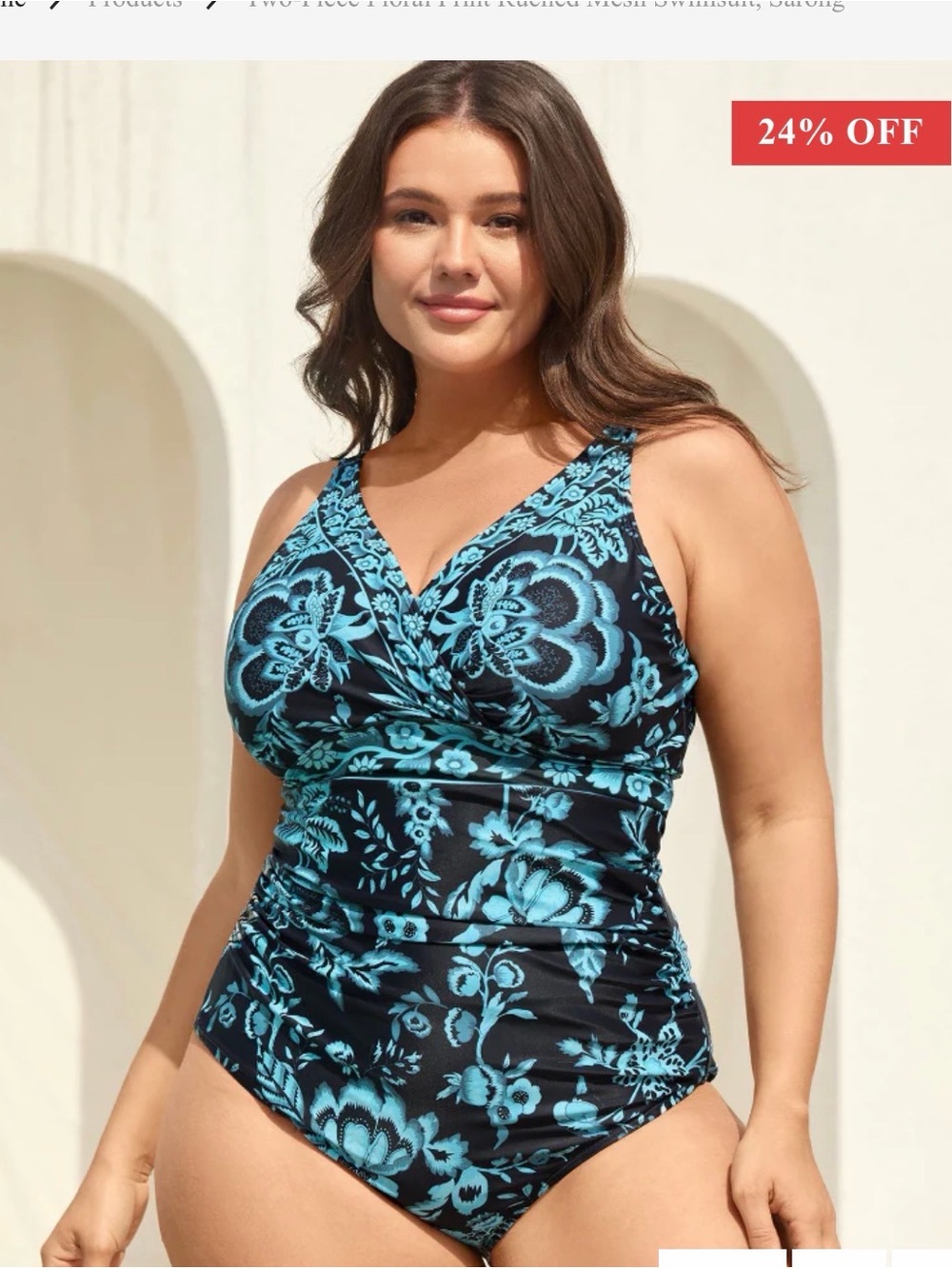Two-Piece Floral Print Ruched Mesh Swimsuit, Sarong